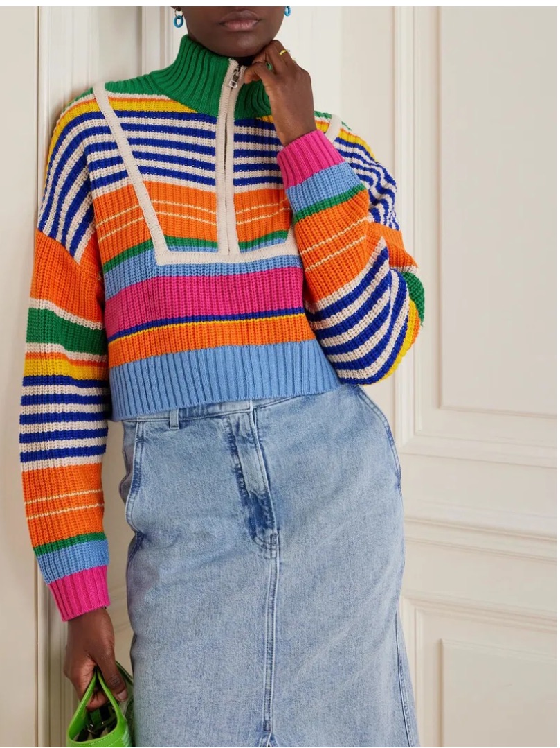 Nwt Staud Hampton Cropped Sweater In Multi Bayadere Stripes, Size M